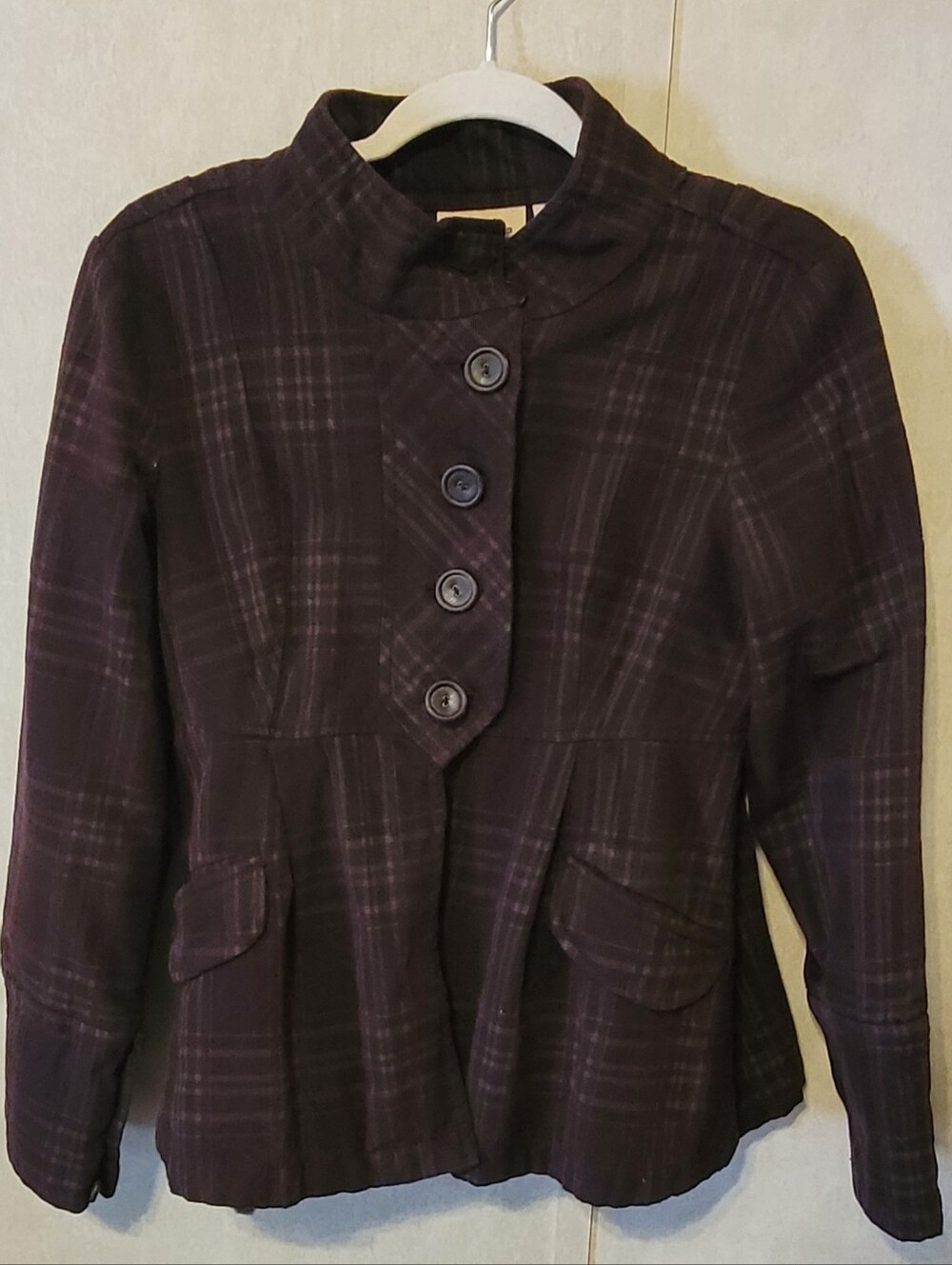 DKNY Women's Purple And Brown Plaid Babydoll Style Jacket Size M